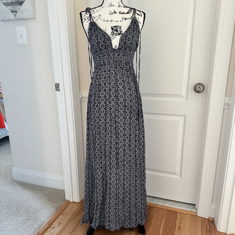LuLu's Navy Blue Print Tie-Strap Maxi Dress